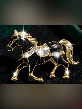 EQUESTRIAN Black and Gold Horse Brooch with Crystal Accents